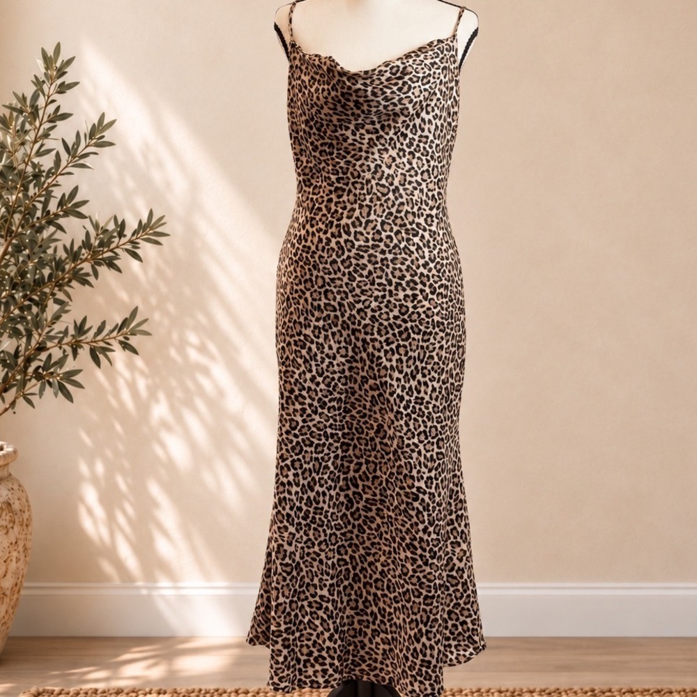 See You Monday Leopard Print Slip Dress Cowl Neck Midi Small Brown Black Satin